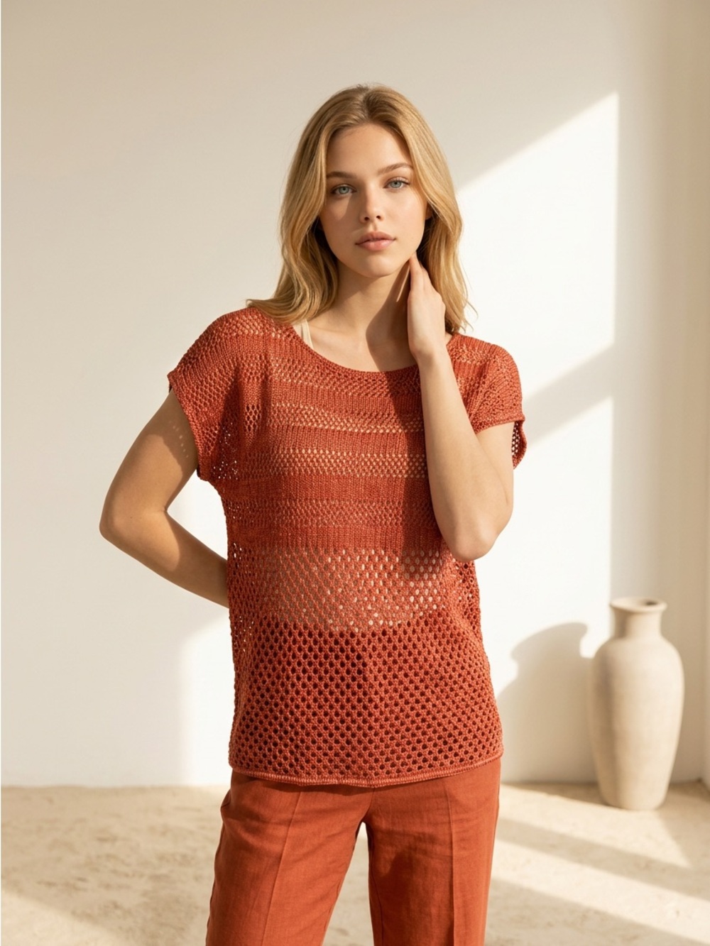 A.N.A Crochet Knit Top S Rust Orange NWT